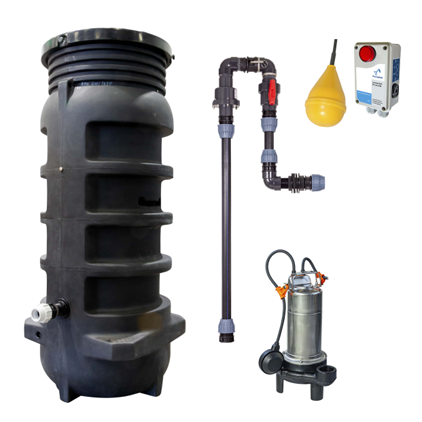 Pumptek Villa PT06 1,85 m 1-fas pumpstation för villaavlopp innehåller en svart plastkammare, vertikal rörenhet, gul flottörbrytare, kontrollbox och dränkbar metallpump, alla visas separat på en vit bakgrund.