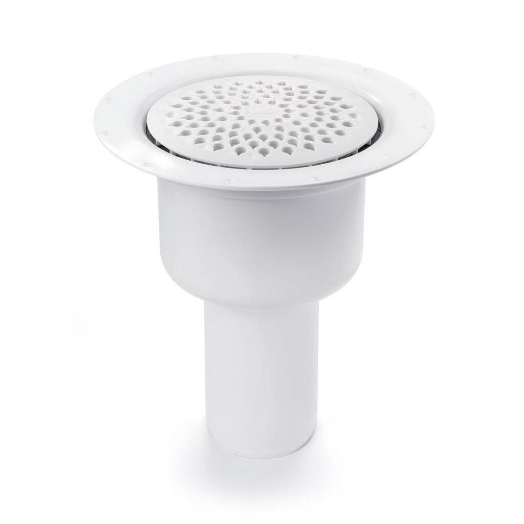 Purus golvbrunn Brage 75mm bottenutlopp är en golvbrunn i vit plast med ett runt, perforerat lock och cylindrisk botten, utformad för effektiva VVS- och vattenavloppssystem.