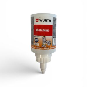 En flaska Würth Rörtätning 50 g rörtätningsmedel med vitt lock och en rödvit etikett med rör, stående upp och ner mot en vit bakgrund.