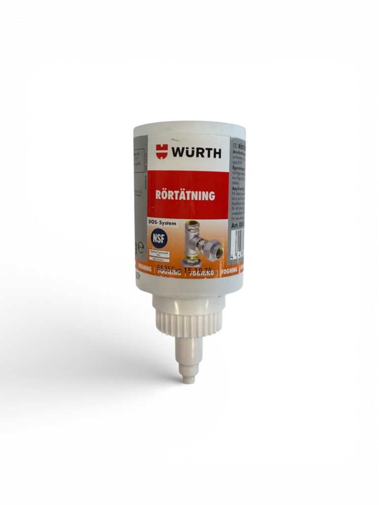 En flaska Würth Rörtätning 50 g rörtätningsmedel med vitt lock och en rödvit etikett med rör, stående upp och ner mot en vit bakgrund.
