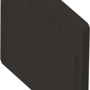 Ett mörkt, rektangulärt plast- eller metallföremål med ANRIN och LEADING WATER präglat på sig, med en central cirkulär fördjupning - ingår i serien SELF-100 SMART gavel med utlopp.