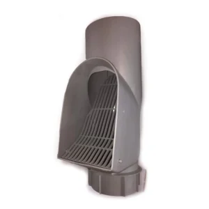 En grå regnvattenavledare i plast med ett snedställt galler, utformad för att passa på ett stuprör för att filtrera skräp - med samma funktion som Självrensande lövsil silver - innan vattnet kommer in i ett uppsamlingssystem.