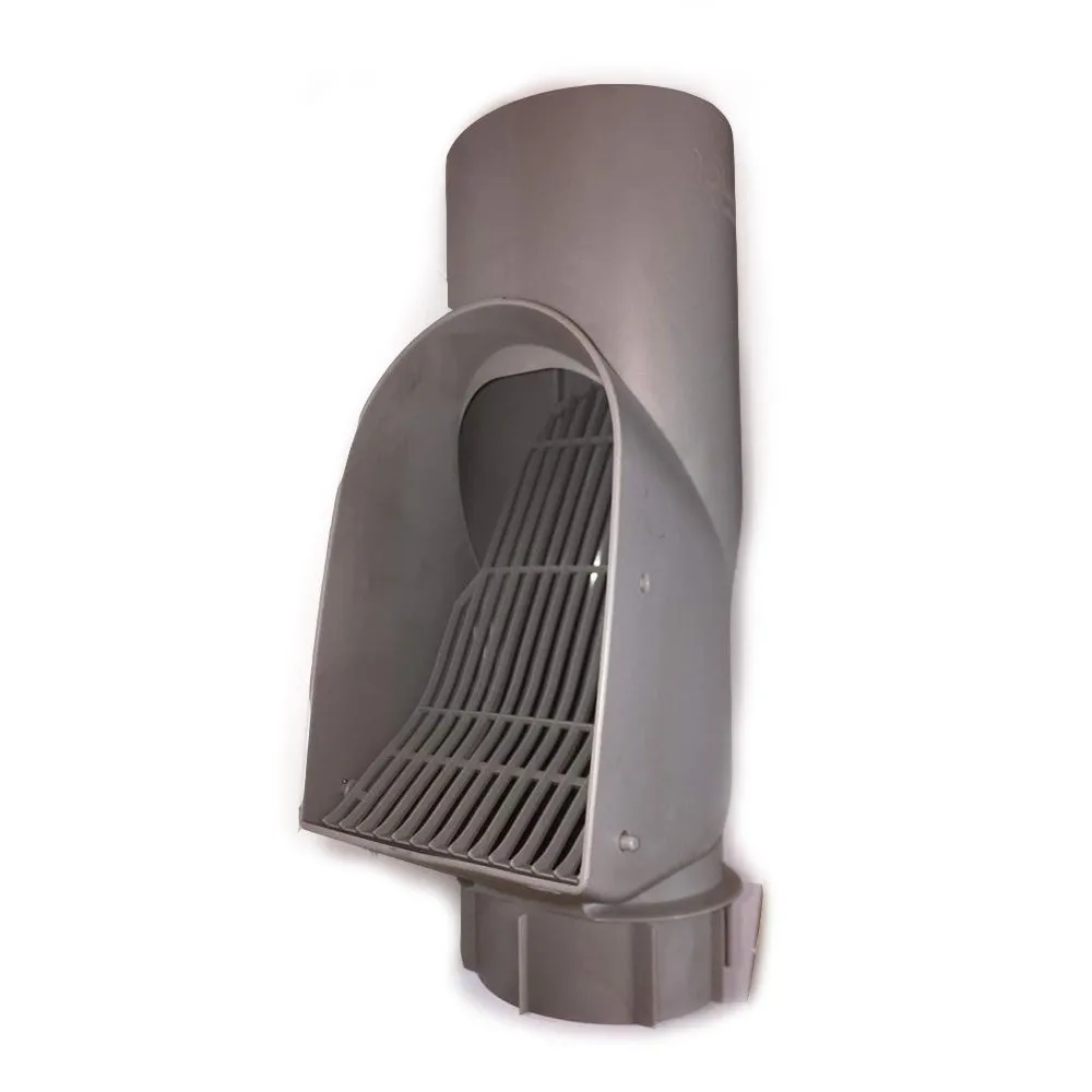 En grå regnvattenavledare i plast med ett snedställt galler, utformad för att passa på ett stuprör för att filtrera skräp - med samma funktion som Självrensande lövsil silver - innan vattnet kommer in i ett uppsamlingssystem.