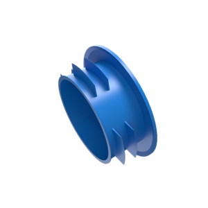 En blå cylindrisk Skyddslock kabelslang/kabelrör 63-110 mm i plast med en fläns och flera vinklade fenor runt kroppen, mot en vit bakgrund.