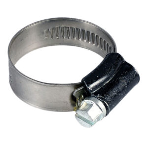 Närbild på Slangklämma, en cirkulär slangklämma i metall med metallglänsande yta och svart skruvmekanism, utformad för att säkert fästa slangar vid kopplingar.
