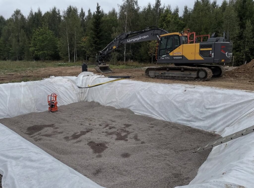 På en byggarbetsplats står en grävmaskin vid en stor grop som är fodrad med fiberduk och fylld med grus. En röd komprimator står på gruset, inramad av träd. Stora ytor med fiberduk? Kontakta oss för offert.