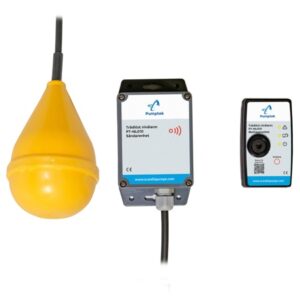 En gul flottörställare, en rektangulär sensorenhet och en liten fjärrkontroll, som alla ingår i ett system för övervakning av vätskenivåer, visas mot en vit bakgrund.