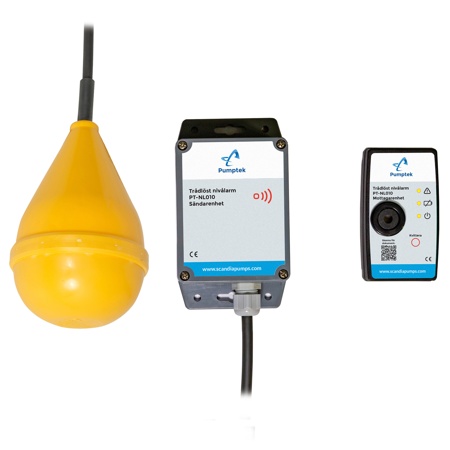 En gul flottörställare, en rektangulär sensorenhet och en liten fjärrkontroll, som alla ingår i ett system för övervakning av vätskenivåer, visas mot en vit bakgrund.
