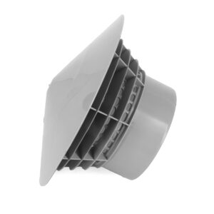 En Ventilationshuv 110 mm grå spetsände, med fyrkantig lamellkåpa i grå plast och rund vinklad kanal, visas från sidan mot en vit bakgrund.