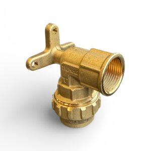 Ventilfäste 25xG3/4 är en vinkelarmatur i mässing med gängade ändar och väggfläns, visad på vit bakgrund.
