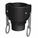 En 3D-rendering av Camlock Hona x Utvändig gänga 1 1/4" visar en svart gängad rörkoppling med två grå metalliska låsarmar och runda dragringar på varje sida, konstruerad för säkra röranslutningar.