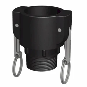 En 3D-rendering av Camlock Hona x Utvändig gänga 1 1/4" visar en svart gängad rörkoppling med två grå metalliska låsarmar och runda dragringar på varje sida, konstruerad för säkra röranslutningar.