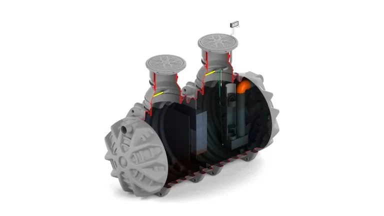 En skiss av en stor, grå, underjordisk septiktank med två övre lock och invändiga kammare som Oljeavskiljare PE 15-100 liter/sekunden för vattenrening, mot en vit bakgrund.