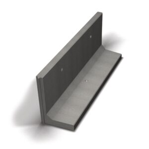 L-stöd är ett grått, L-format betongblock med två runda hål på den vertikala sidan och ett på basen, som visas mot en vit bakgrund.