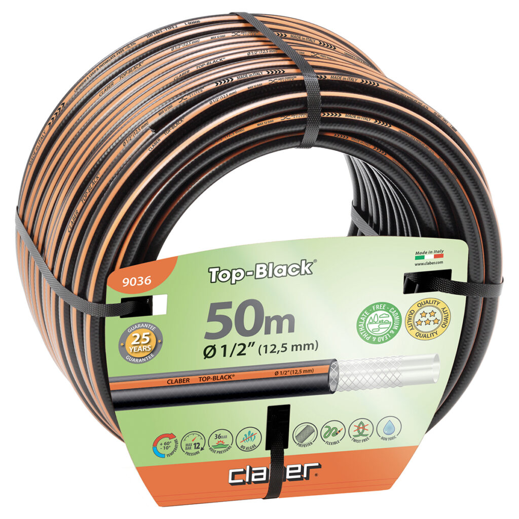 Claber Top-Black 1/2" 50 m trädgårdsslang, slitstark och ftalatfri, med metallkrankoppling och grön etikett som visar 25 års garanti.