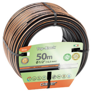 Claber Top-Black 1/2" 50 m trädgårdsslang, slitstark och ftalatfri, med metallkrankoppling och grön etikett som visar 25 års garanti.
