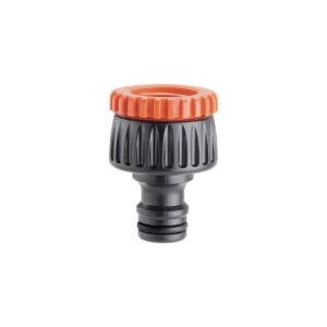 Claber Skruvkontakt 1/2"-3/4" är en svart plastkoppling för trädgårdsslang med orange räfflat grepp och standard snabbkoppling, kompatibel med Claber Wippy Car-system, visas på vit bakgrund.