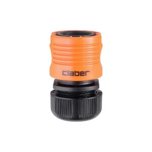 Claber snabbkontakt 1/2" är en trädgårdsslangkoppling i orange och svart plast med "claber" tryckt på den orange delen och ett räfflat grepp för enkel fastsättning.