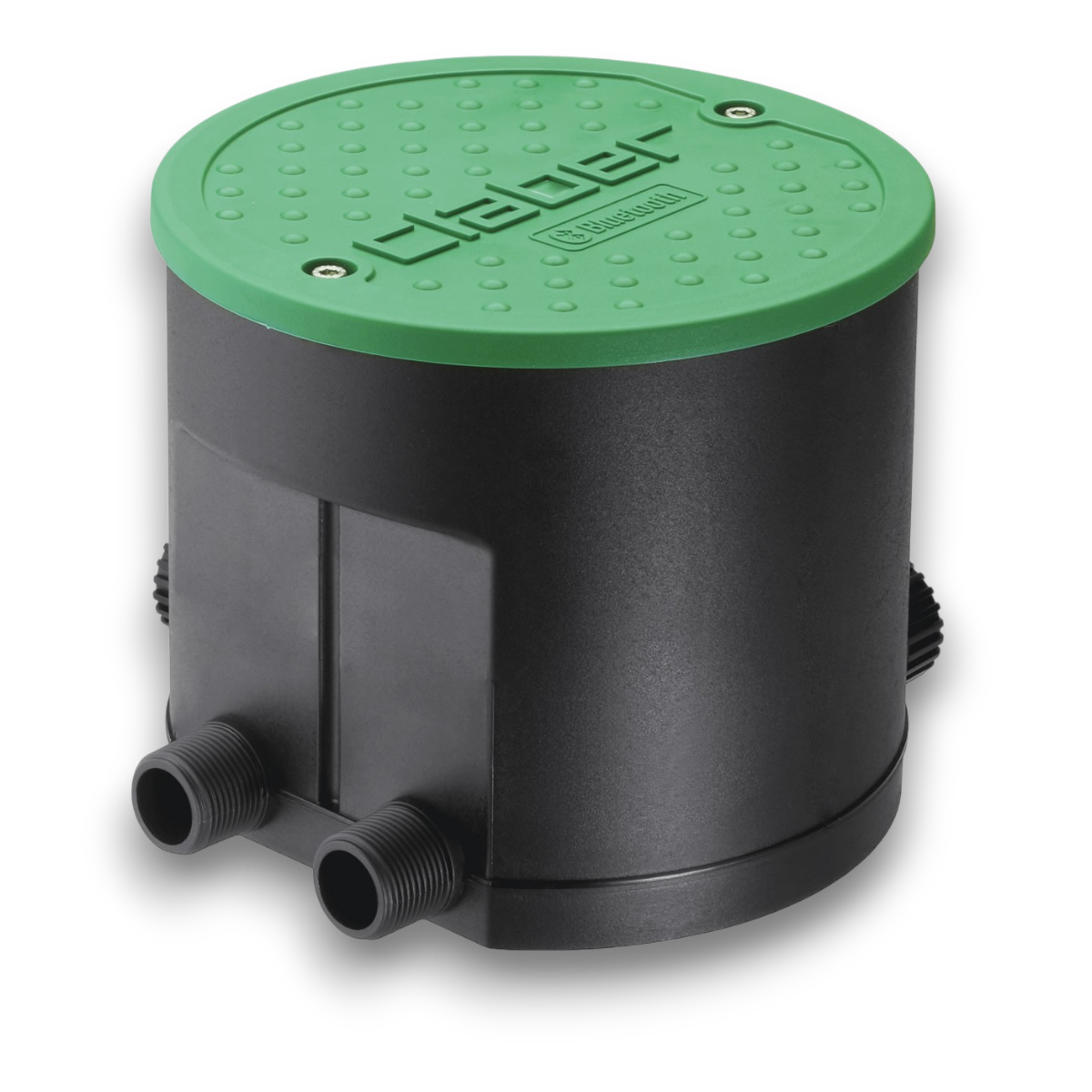 Claber HYDRO-4 BT ventilbox med vattendator är en svart cylindrisk ventilbox för bevattning med en platt grön rund topp märkt Claber och två gängade röranslutningar på sidan.