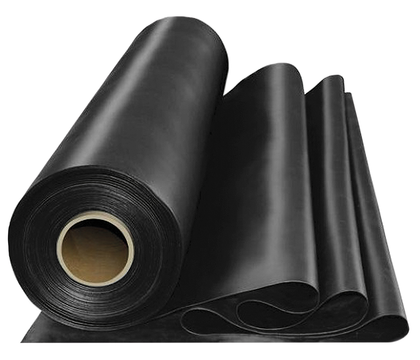 En stor rulle EPDM-membran, 6 x 30 m, tjocklek: 1,14 mm, är delvis utrullad och visar släta svarta gummilager som är lindade runt en brun kartongkärna, mot en vit bakgrund.