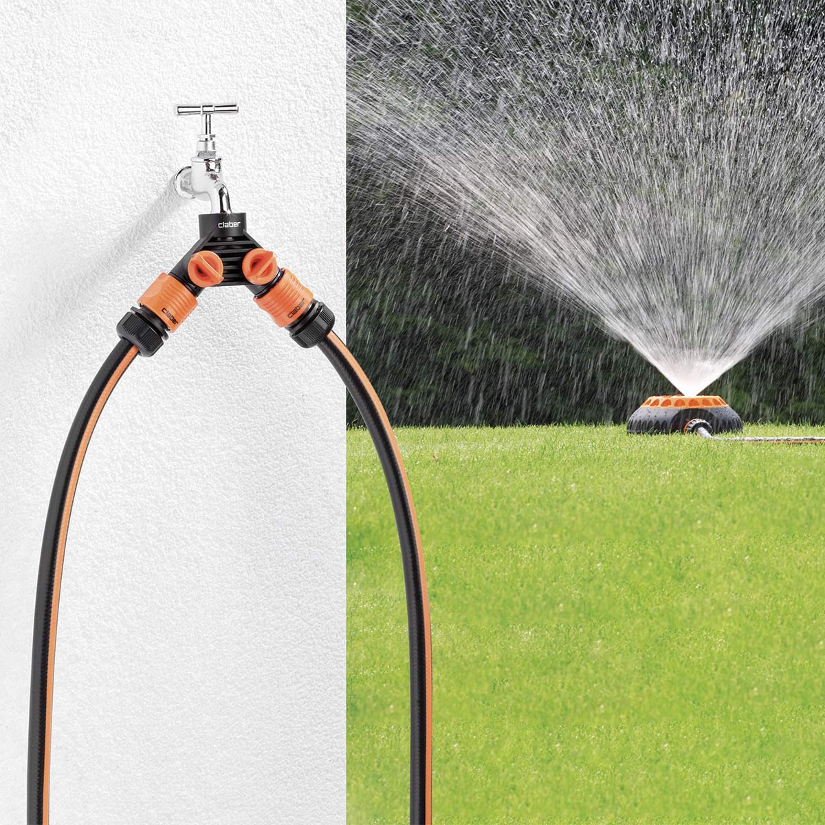 En Claber-tvåvägsventil är ansluten till en trädgårdskran, vilket gör att vattnet kan strömma genom en sprinkler som sprutar över en grön gräsmatta i en bred solfjäderform.