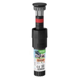 En svart och grå justerbar trädgårdssprinkler med produktinformation, märkt med varumärket Claber och en liten bild av växter i en trädgård, betecknad som Claber Colibri mikrosprinkler 90°.