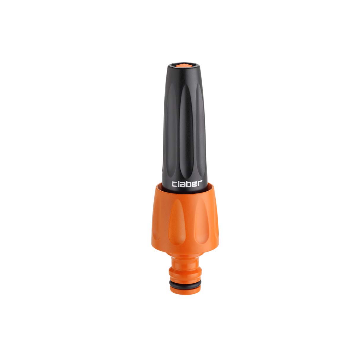 Ett Claber Jet Spray-munstycke till trädgårdsslang i svart och orange, med ett räfflat grepp och en orange anslutning längst ner, avbildat isolerat mot en vit bakgrund.