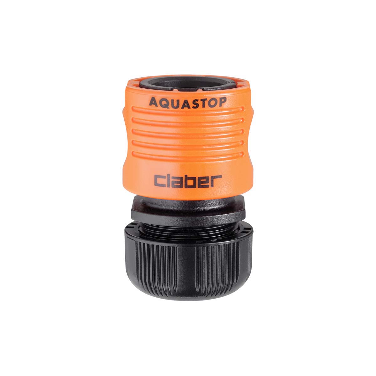 Claber 1/2" snabbkoppling med Aquastop. En Claber 1/2″ snabbkoppling med Aquastop i orange och svart visas stående på en vit bakgrund.