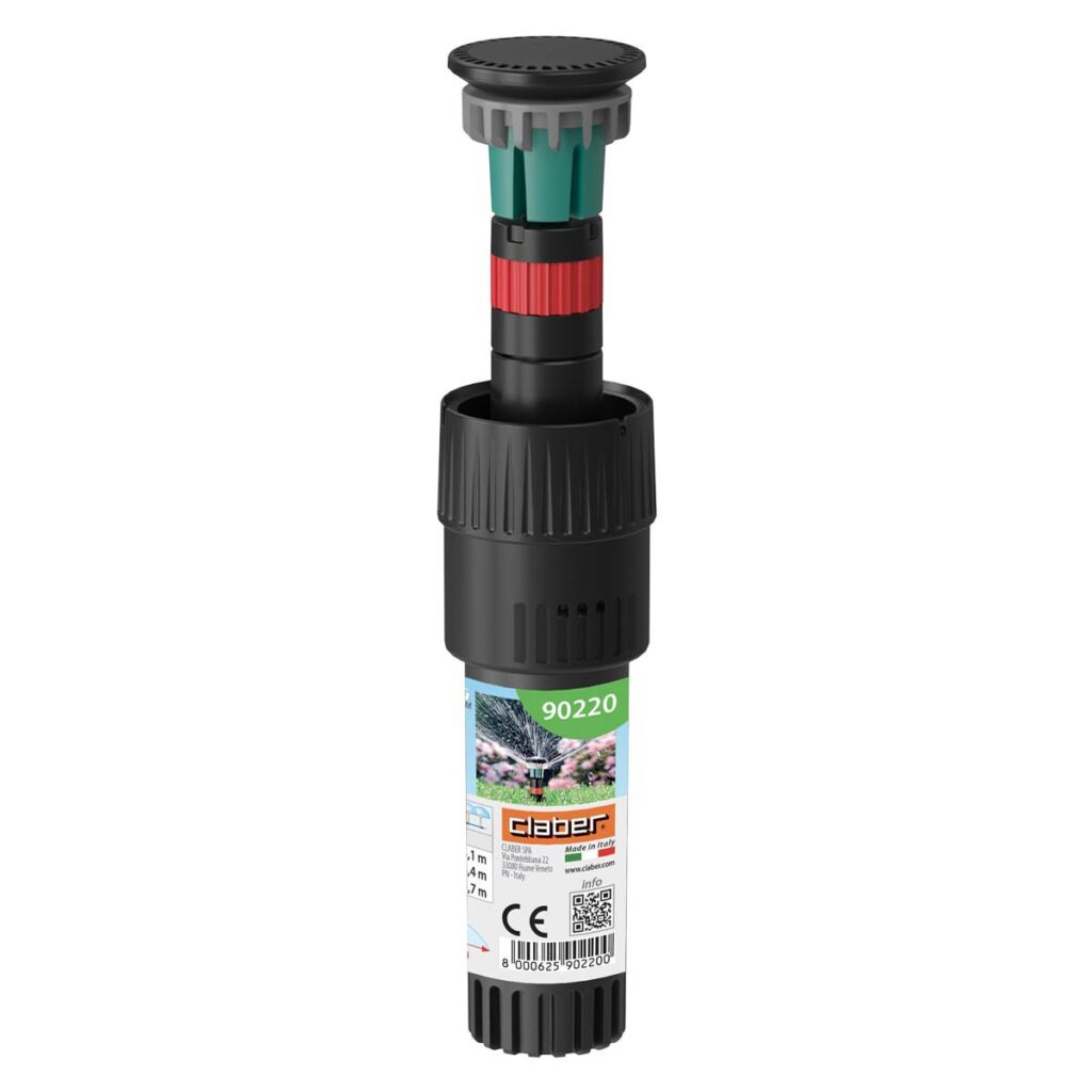 Svart och grön justerbar pop-up-trädgårdssprinkler med Claber Colibri mikrosprinkler 180°, försedd med en Claber-etikett, produktkod 90220 samt synlig streckkod och produktinformation på förpackningen.