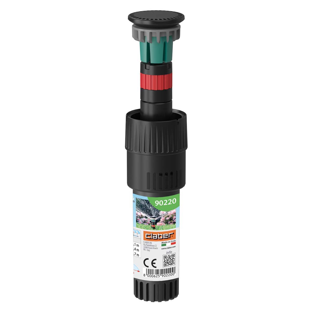Svart och grön justerbar pop-up-trädgårdssprinkler med Claber Colibri mikrosprinkler 180°, försedd med en Claber-etikett, produktkod 90220 samt synlig streckkod och produktinformation på förpackningen.