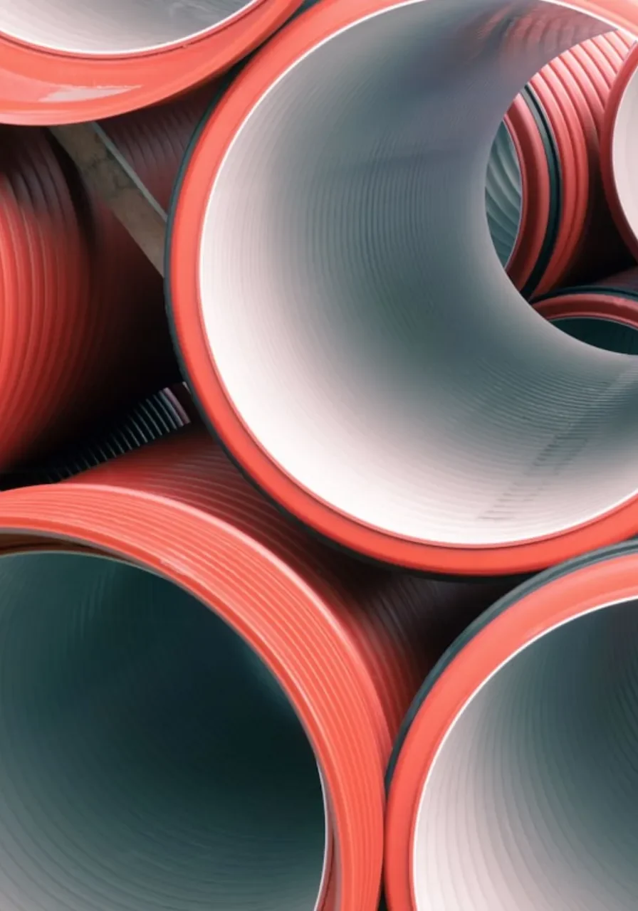 En närbild av staplade stora röda och vita plaströr, som visar deras cirkulära öppningar och räfflade ytor. Rören är placerade på ett sätt som skapar ett mönster av överlappande cirklar.